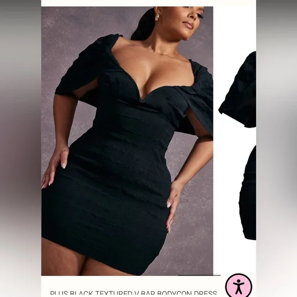 PrettyLittleThing NWT Black PuffSleeve Textured V-Bar Bodycon Mini Dress Size 18 - Picture 2 of 12